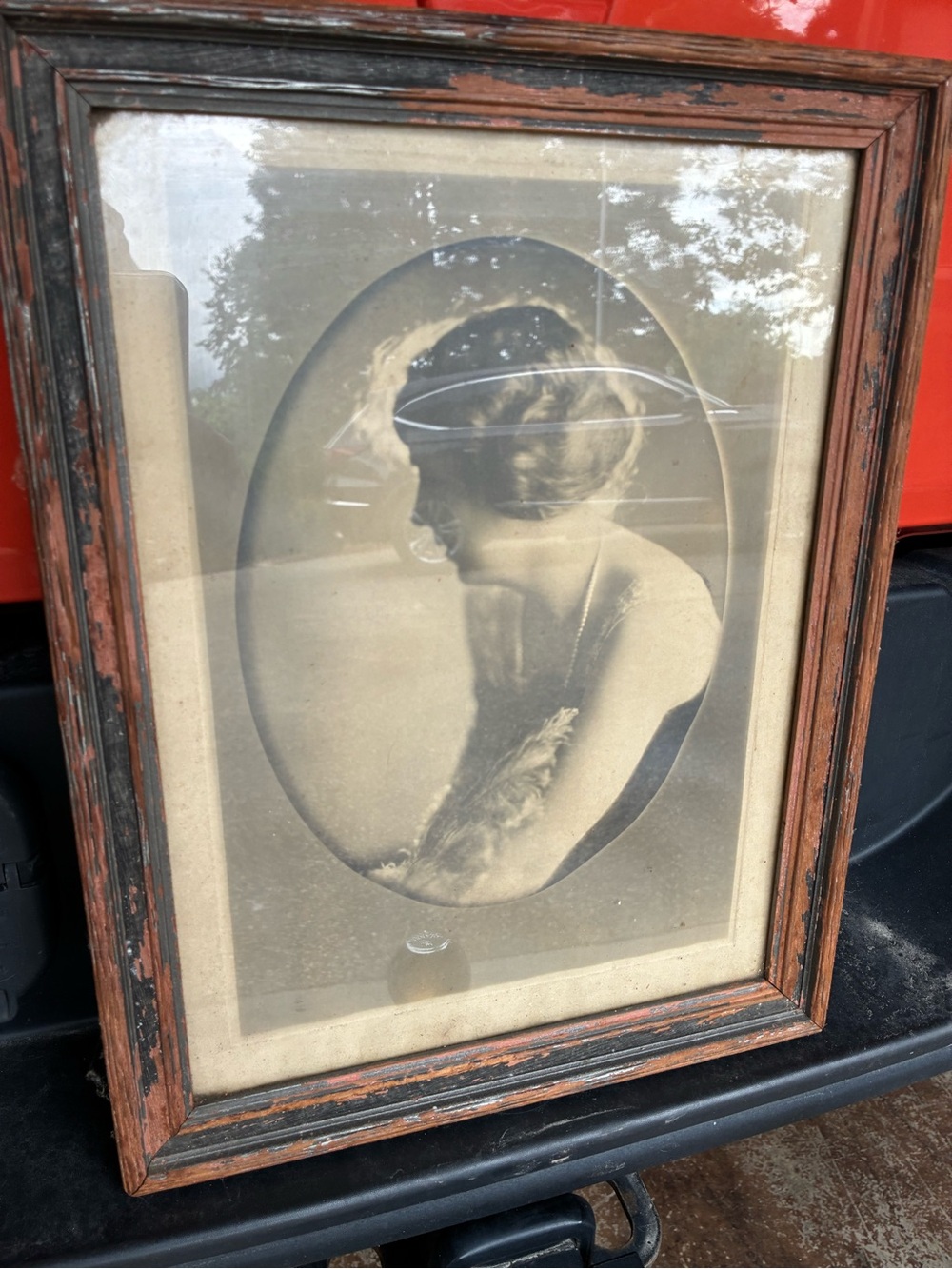 Vintage Framed Portrait in Distressed Wood Frame - Black & Rust